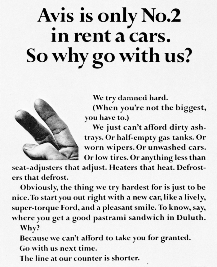 An excellent ad repositioning Avis' second place into an advantage